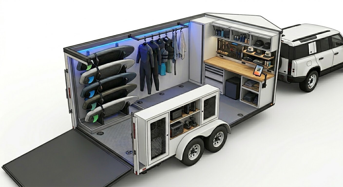 StokeFoil Academy mobile trailer mockup with Waydoo eFoil boards, wetsuits, and on-site tech bench